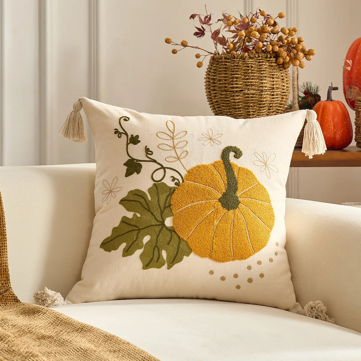 Pumpkin Tufted Velvet Throw Pillow Cover 30X50/45X45CM Autumn Cushion Cover Maple Leaves Decor Home Decorative Pillowcase