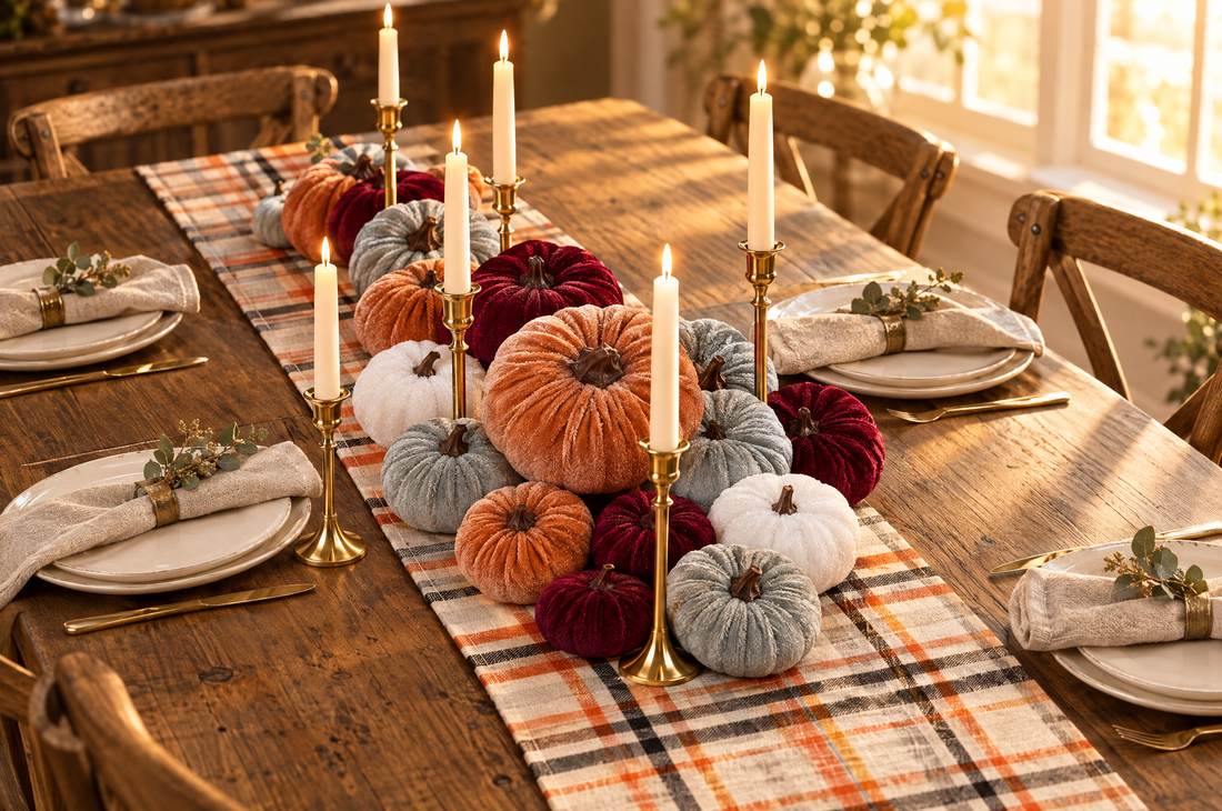 Thanksgiving table centerpiece with velvet pumpkins on a buffalo plaid table runner