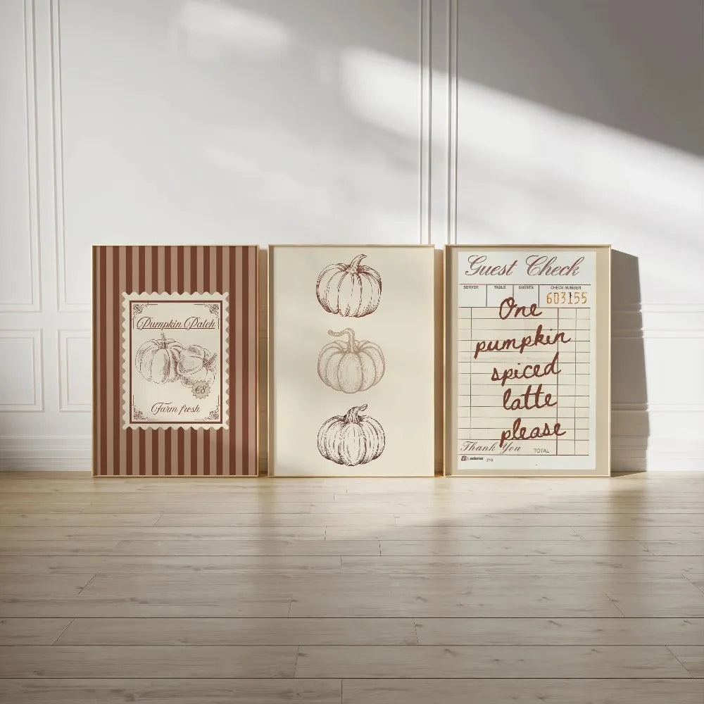 3 Pieces of Frameless Retro Farmhouse Pumpkin Patch Printing,Guest Check Poster,Pumpkin Spice Autumn Decor,Living Room Decor
