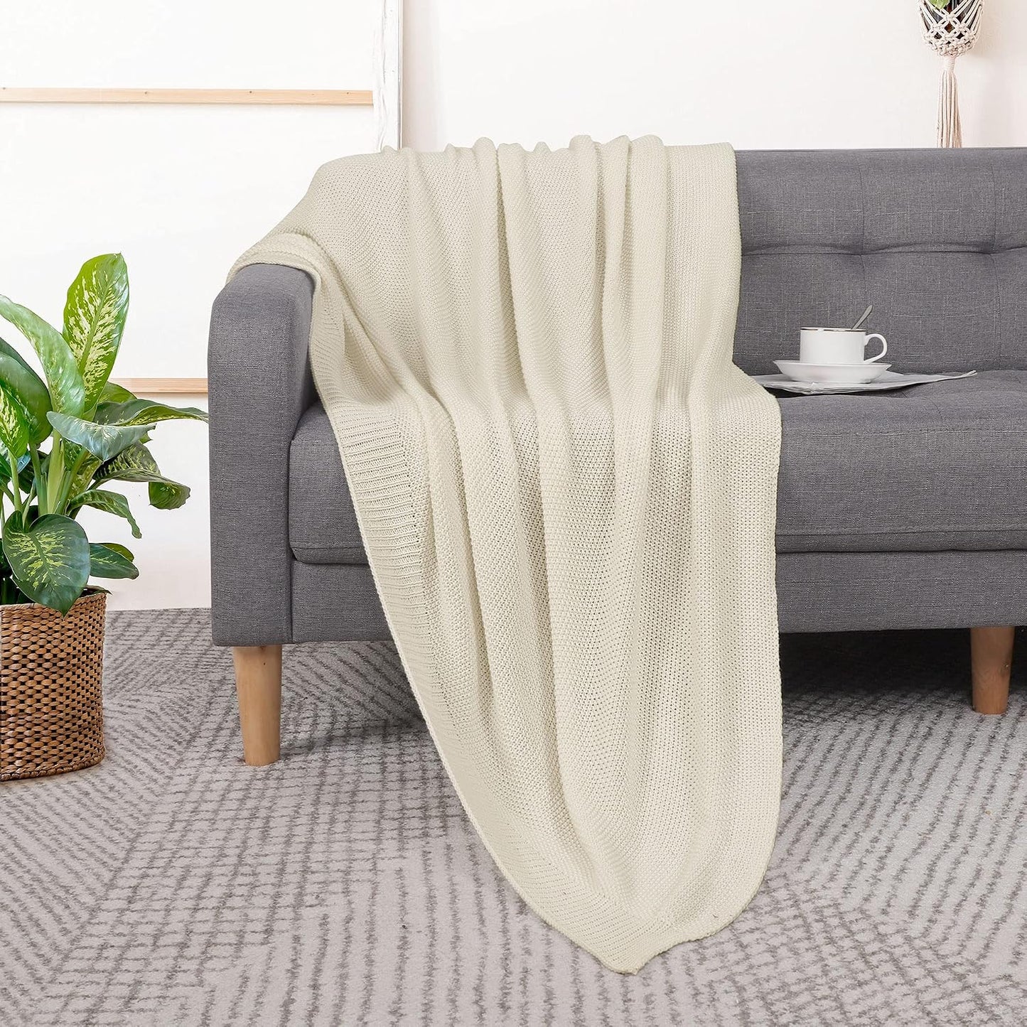 Cotton Knitted Throw Blanket - Beige 130X150Cm