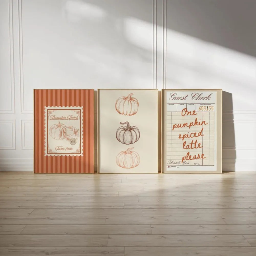 3 Pieces of Frameless Retro Farmhouse Pumpkin Patch Printing,Guest Check Poster,Pumpkin Spice Autumn Decor,Living Room Decor