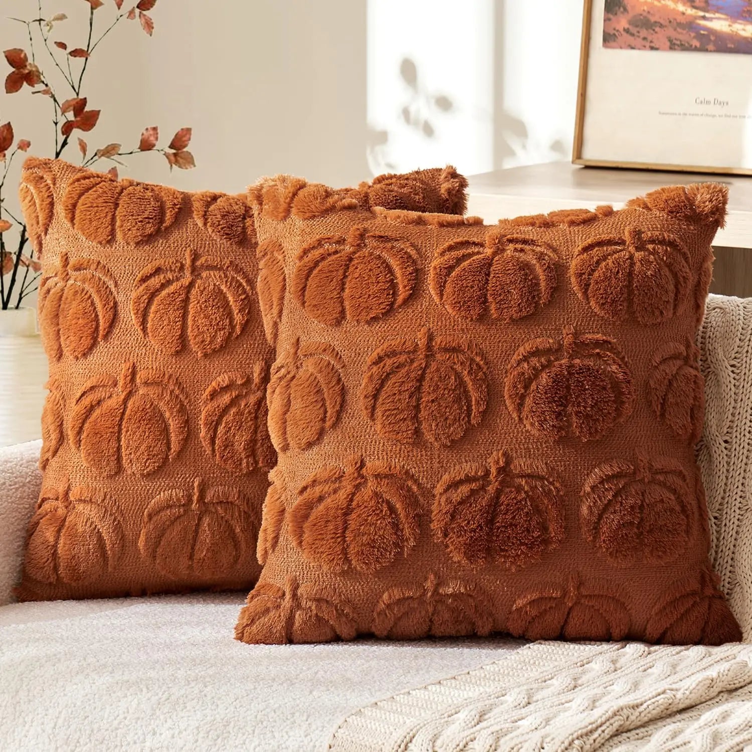 Fall Pumpkin Pillow Covers 45X45Cm Fall Decorations Autumn Yellow Throw Pillow Cases Soft Plush Faux Fur Wool Couch Cushion Case
