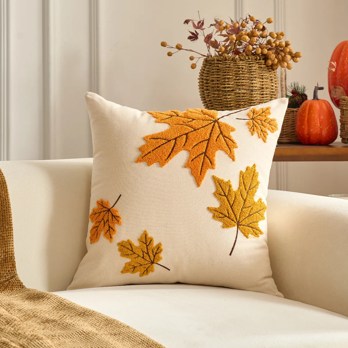 Pumpkin Tufted Velvet Throw Pillow Cover 30X50/45X45CM Autumn Cushion Cover Maple Leaves Decor Home Decorative Pillowcase