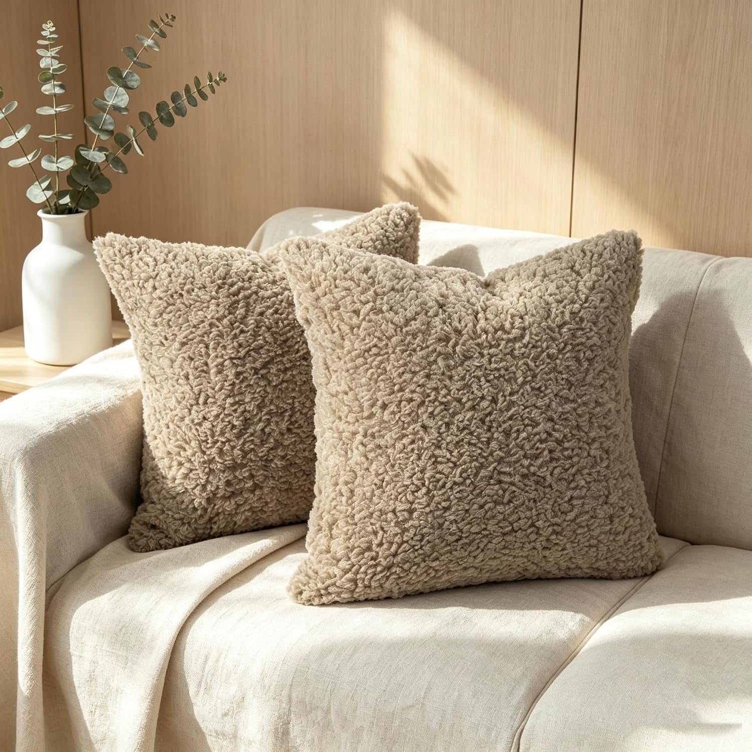 Soft Teddy Boucle Cushion Covers 40X40Cm Brown Set of 2 | Fluffy Throw Pillow Covers 16X16 Inches for Sofa Bed, Decorative Square Cushions Invisible Zipper