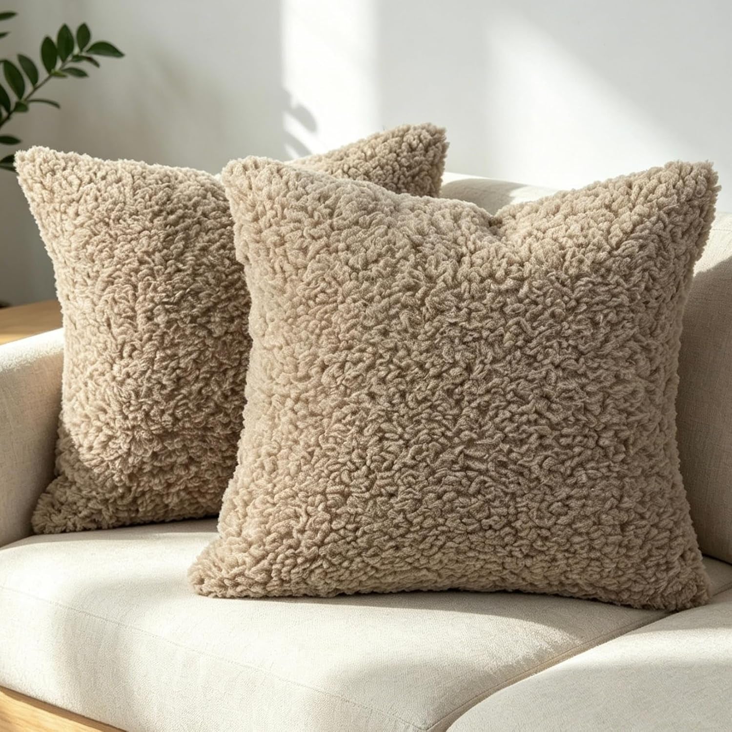 Soft Teddy Boucle Cushion Covers 40X40Cm Brown Set of 2 | Fluffy Throw Pillow Covers 16X16 Inches for Sofa Bed, Decorative Square Cushions Invisible Zipper