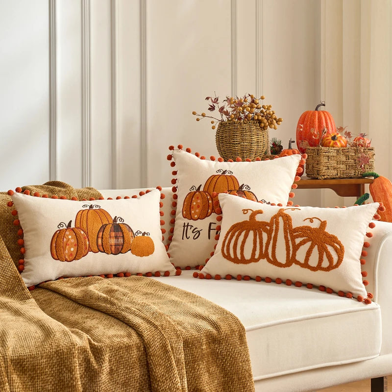 Pumpkin Tufted Velvet Throw Pillow Cover 30X50/45X45CM Autumn Cushion Cover Maple Leaves Decor Home Decorative Pillowcase
