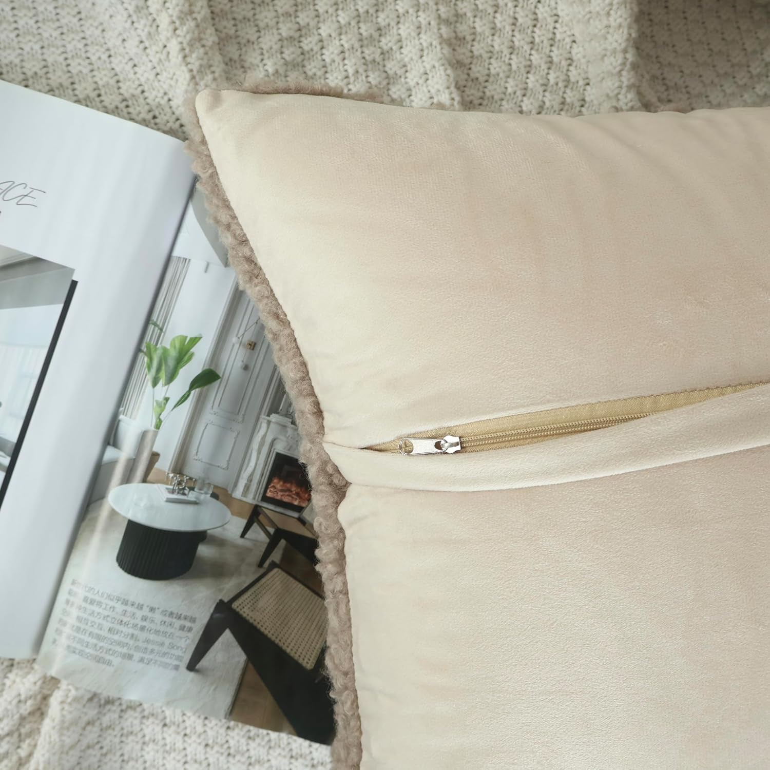 Soft Teddy Boucle Cushion Covers 40X40Cm Brown Set of 2 | Fluffy Throw Pillow Covers 16X16 Inches for Sofa Bed, Decorative Square Cushions Invisible Zipper