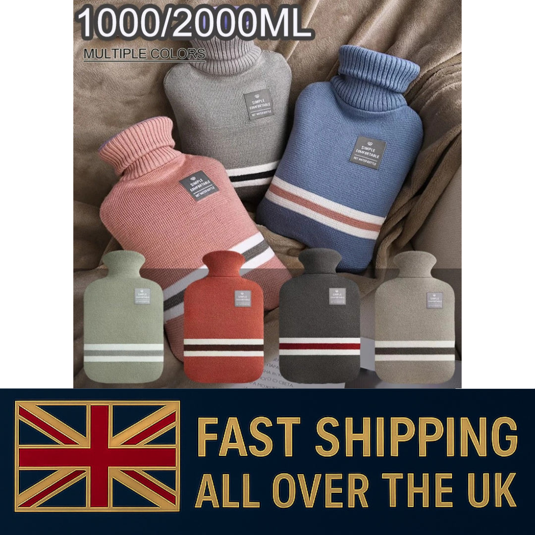 Hot Water Bottle with Soft Cosy Knitted or Faux Fur Cover in Assorted Colours 2L