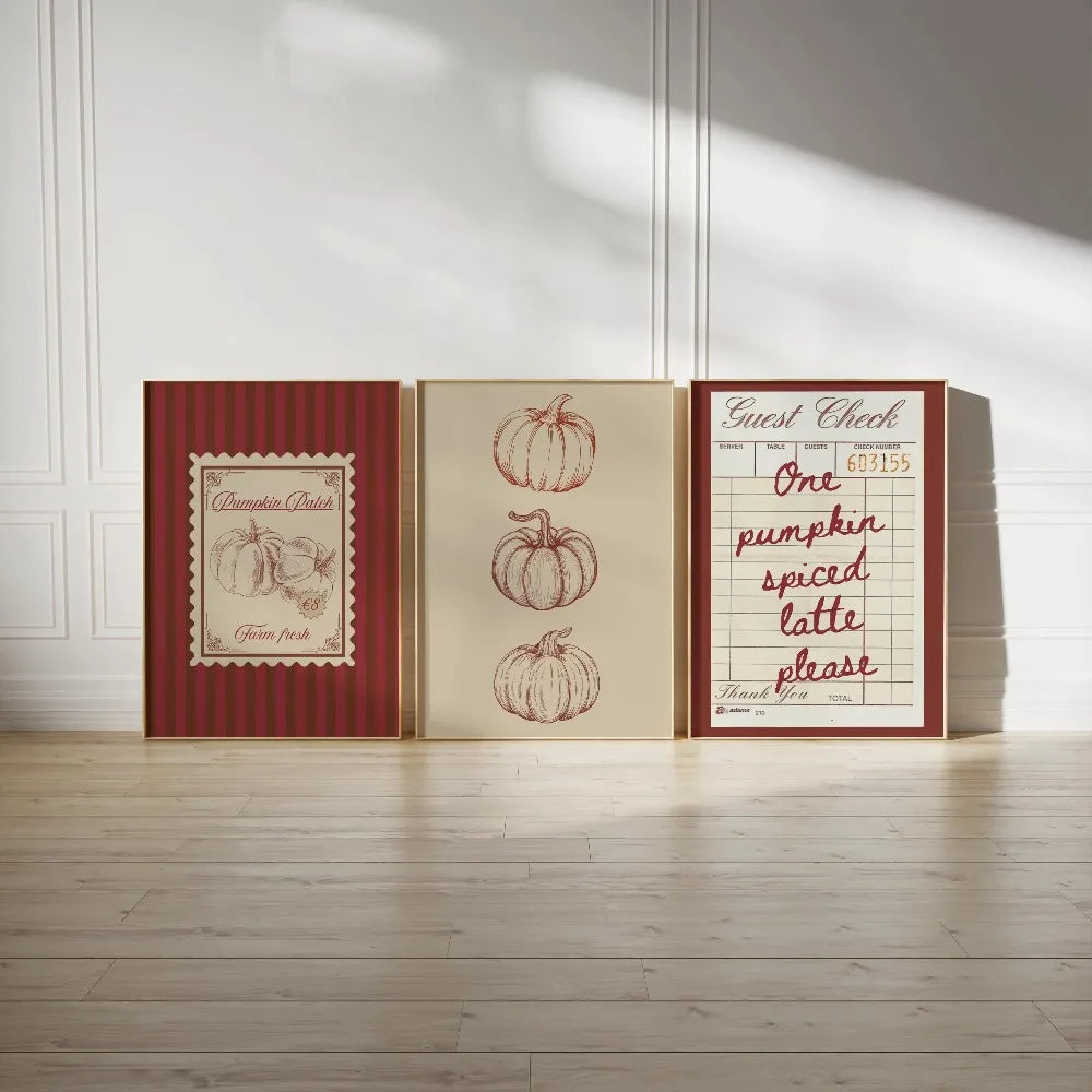 3 Pieces of Frameless Retro Farmhouse Pumpkin Patch Printing,Guest Check Poster,Pumpkin Spice Autumn Decor,Living Room Decor