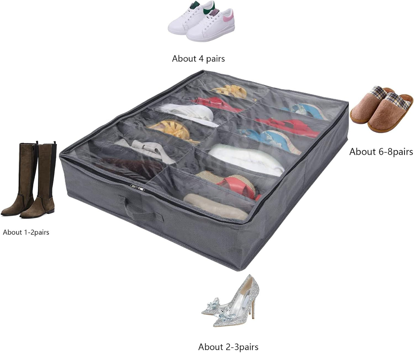 Under Bed Shoe Storage Organizer-Set of 2, under Bed Shoe Storage Box with Lid Fits 24 Pairs Total - Clear Foldable Underbed Storage Solution Gray