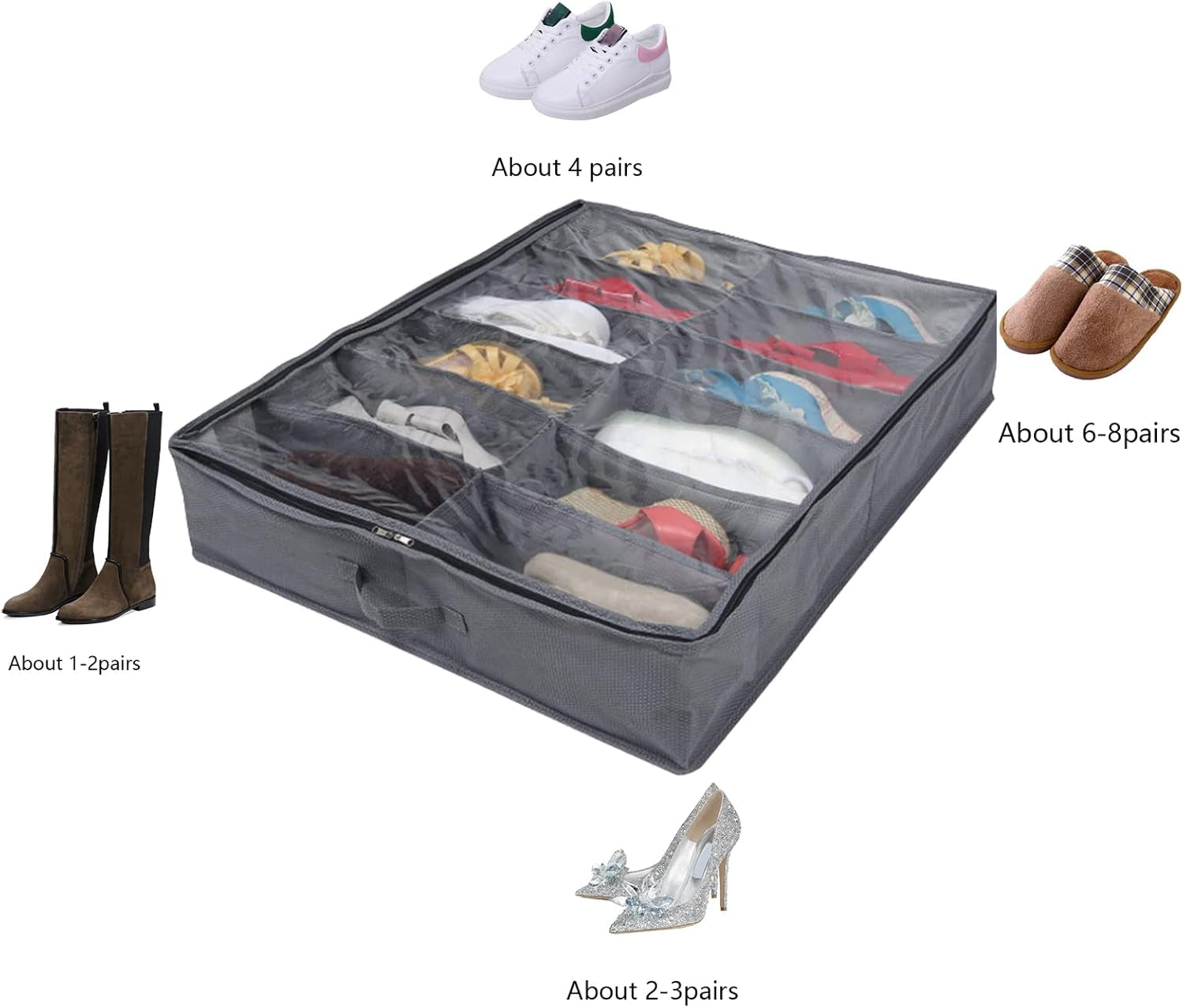 Under Bed Shoe Storage Organizer-Set of 2, under Bed Shoe Storage Box with Lid Fits 24 Pairs Total - Clear Foldable Underbed Storage Solution Gray