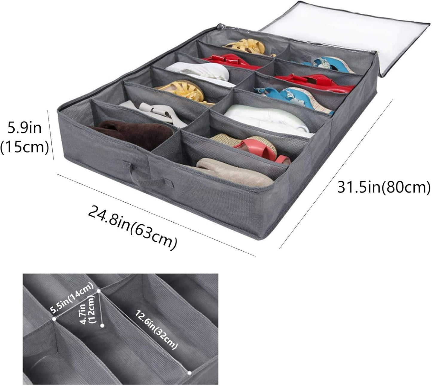 Under Bed Shoe Storage Organizer-Set of 2, under Bed Shoe Storage Box with Lid Fits 24 Pairs Total - Clear Foldable Underbed Storage Solution Gray