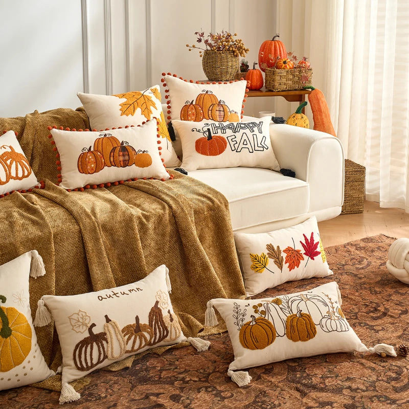 Pumpkin Tufted Velvet Throw Pillow Cover 30X50/45X45CM Autumn Cushion Cover Maple Leaves Decor Home Decorative Pillowcase
