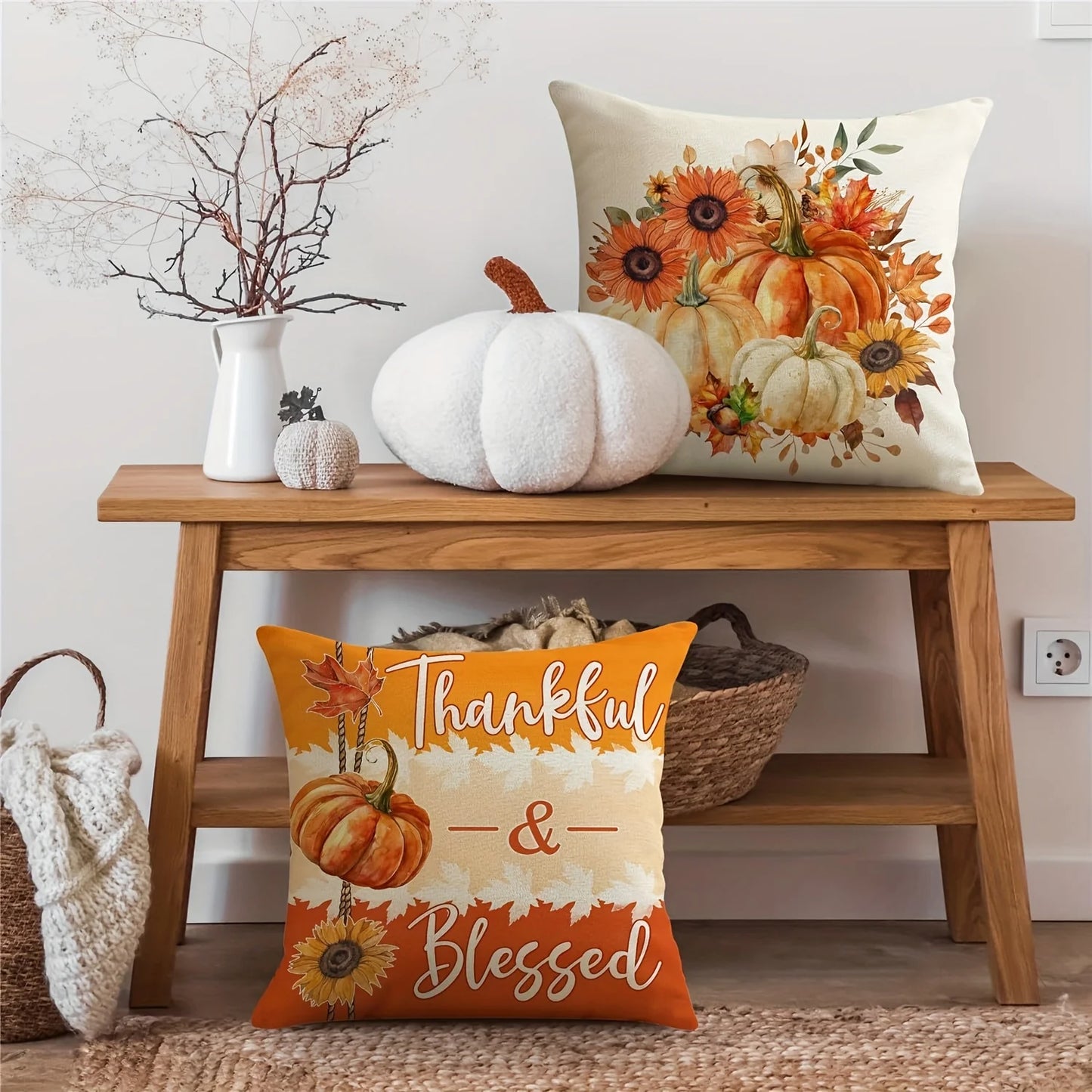 4Pcs Autumn Velvet Pillow Covers, Farmhouse Decor, Maple Leaf, Floral Pumpkin, Fall Decoration, Sofa Cushion Cover - Single-Side