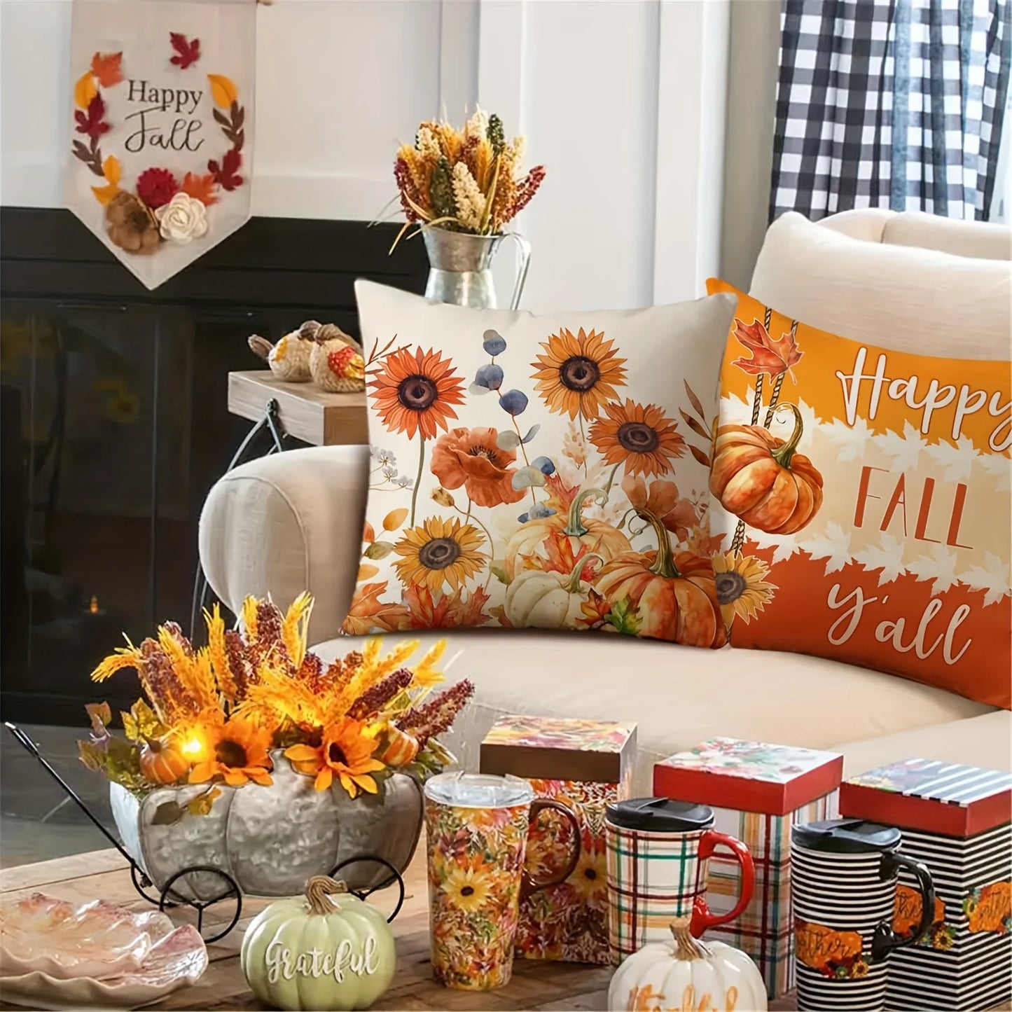 4Pcs Autumn Velvet Pillow Covers, Farmhouse Decor, Maple Leaf, Floral Pumpkin, Fall Decoration, Sofa Cushion Cover - Single-Side