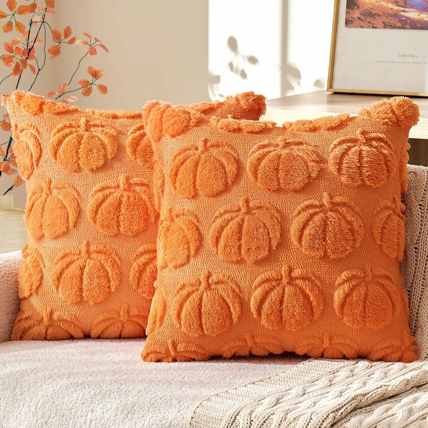 Fall Pumpkin Pillow Covers 45X45Cm Fall Decorations Autumn Yellow Throw Pillow Cases Soft Plush Faux Fur Wool Couch Cushion Case