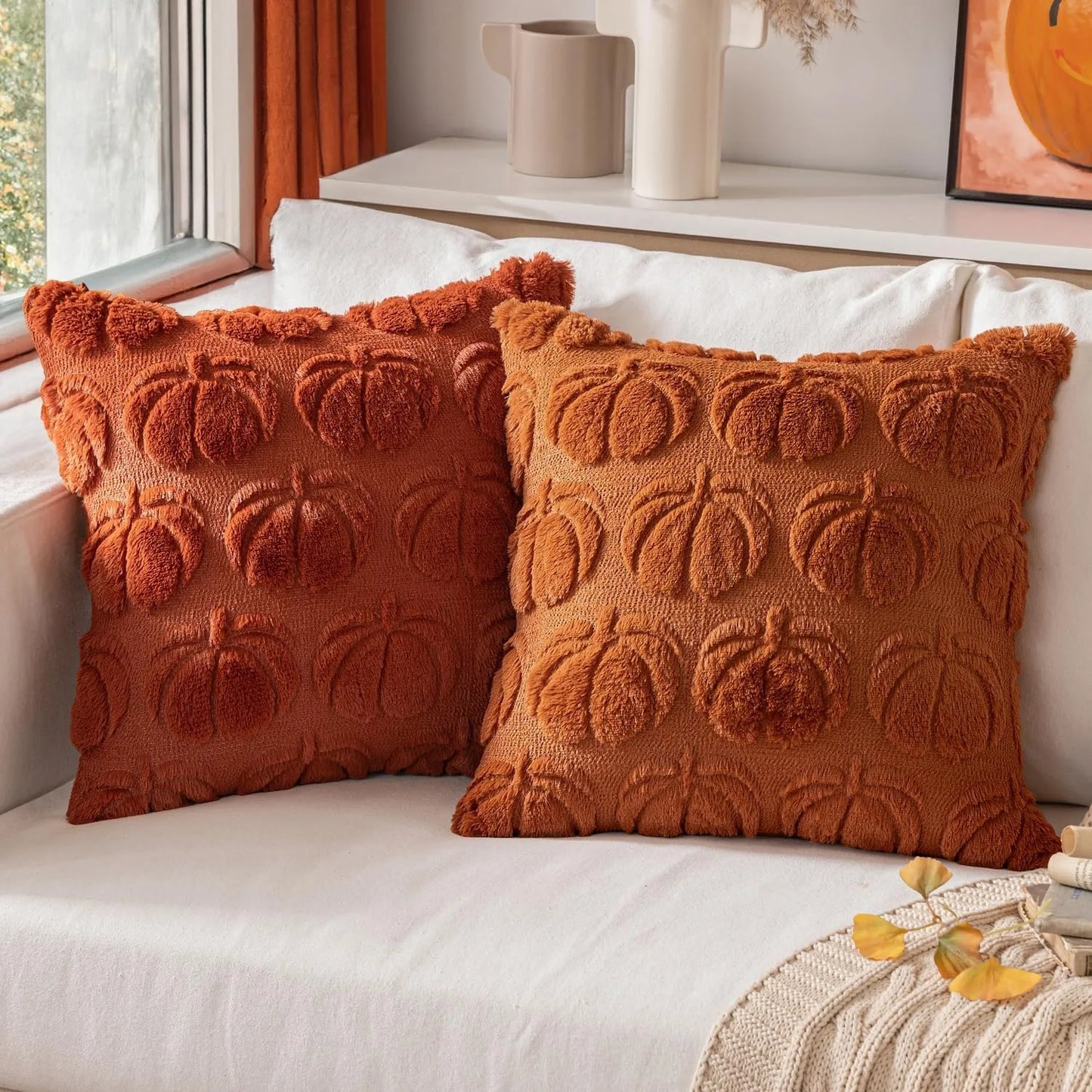 Fall Pumpkin Pillow Covers 45X45Cm Fall Decorations Autumn Yellow Throw Pillow Cases Soft Plush Faux Fur Wool Couch Cushion Case