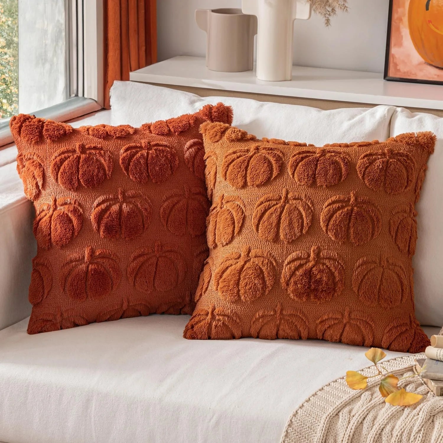 Fall Pumpkin Pillow Covers 45X45Cm Fall Decorations Autumn Yellow Throw Pillow Cases Soft Plush Faux Fur Wool Couch Cushion Case