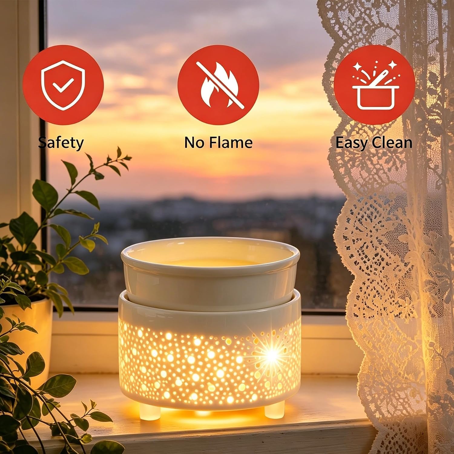 Electric Ceramic 3-In-1 Wax Melt Burner Warmer Glow-White