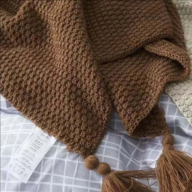 Nordic Blankets for Bed Sofa Couch Chunky Knit Bedspread Knitted Throw Blanket with Tassel Plain Color Waffle Embossed Blanket