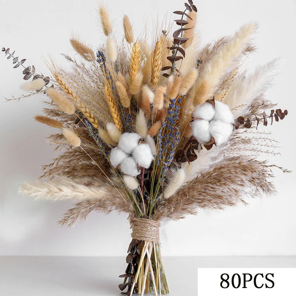 Natural Dried Flower Bouquet Pampas Grass Cotton Stems Bunny Tails Rustic Boho Home Decor Eucalyptus Lavender Wheat Wedding Gift
