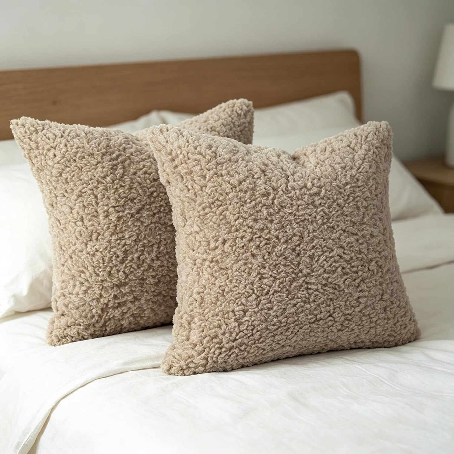 Soft Teddy Boucle Cushion Covers 40X40Cm Brown Set of 2 | Fluffy Throw Pillow Covers 16X16 Inches for Sofa Bed, Decorative Square Cushions Invisible Zipper