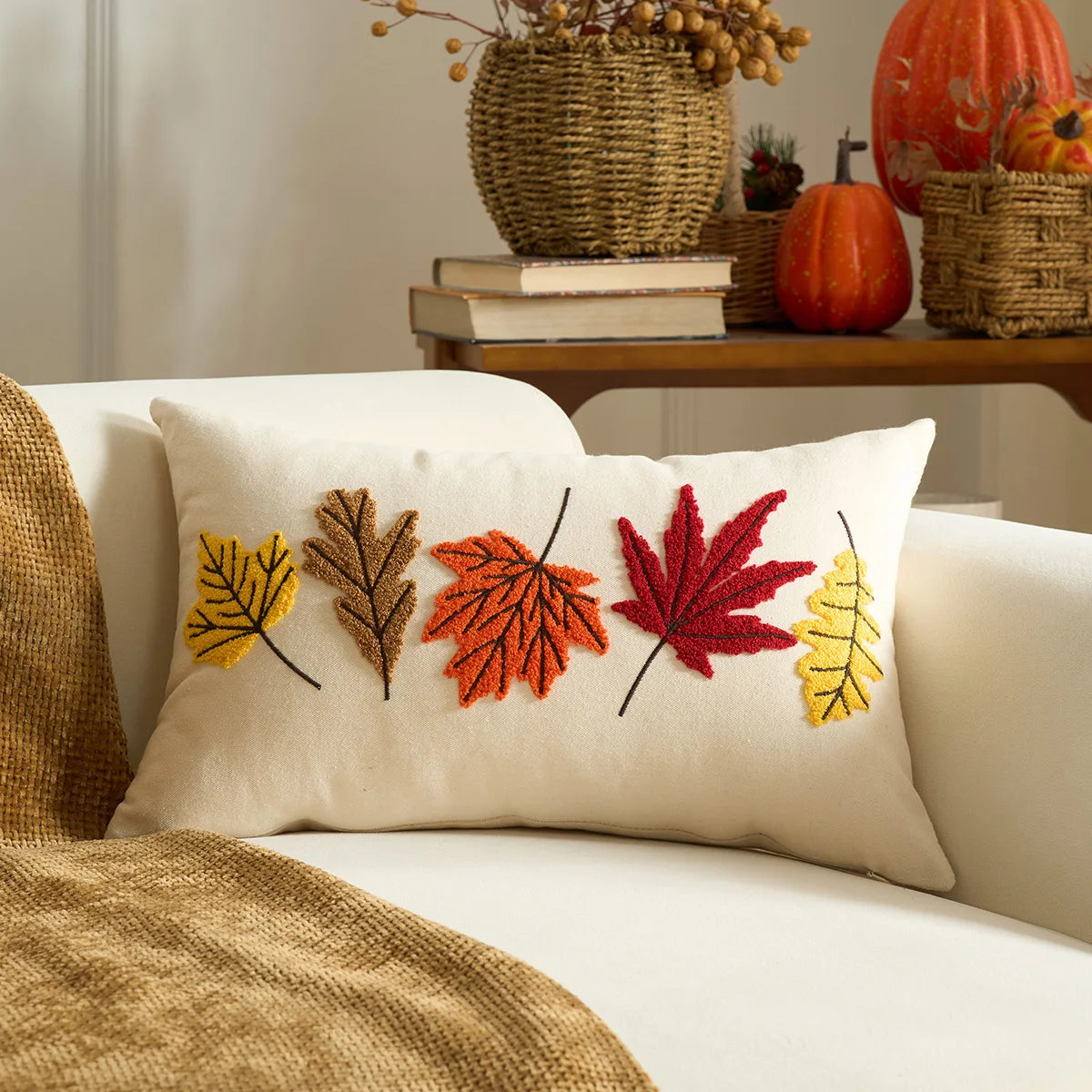 Pumpkin Tufted Velvet Throw Pillow Cover 30X50/45X45CM Autumn Cushion Cover Maple Leaves Decor Home Decorative Pillowcase