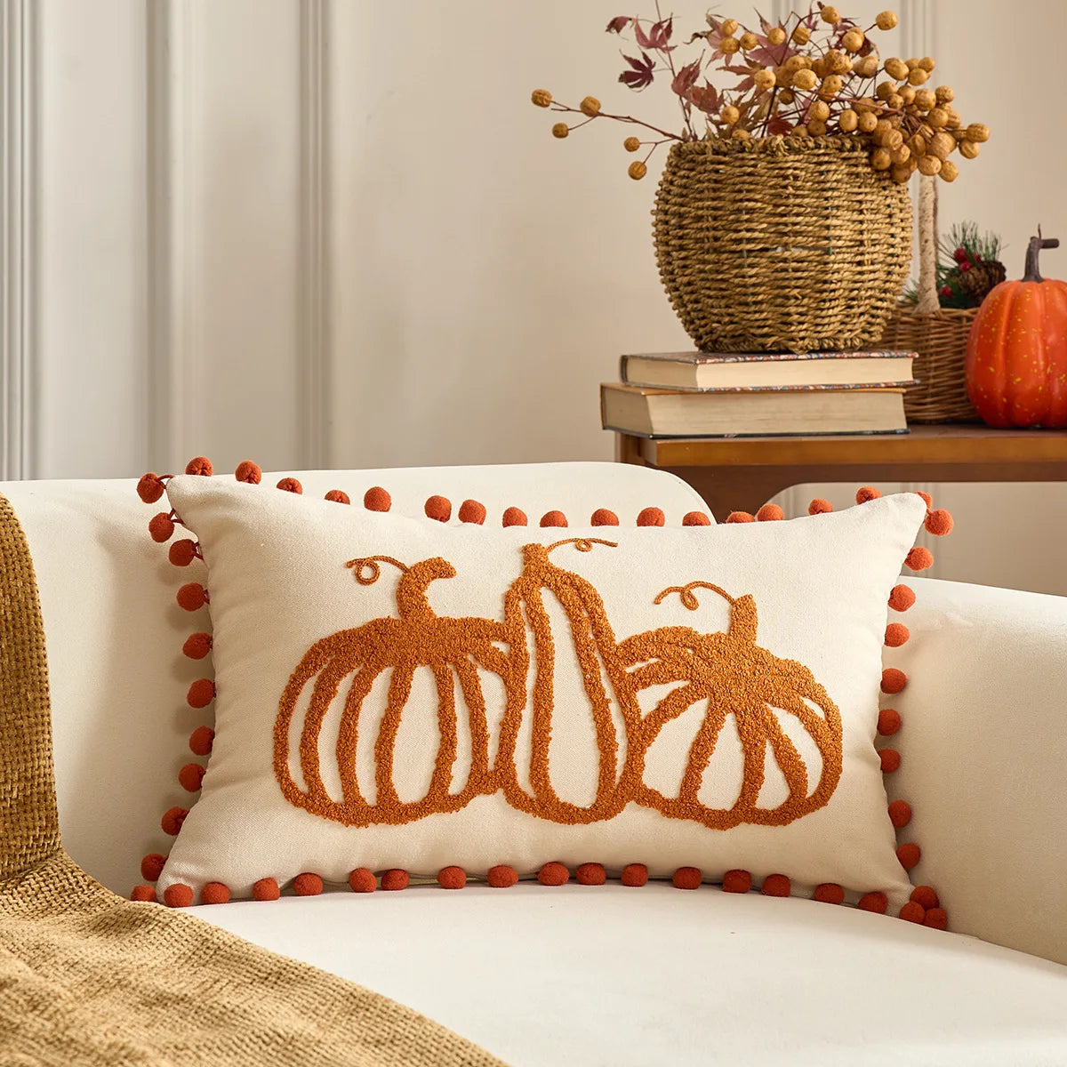 Pumpkin Tufted Velvet Throw Pillow Cover 30X50/45X45CM Autumn Cushion Cover Maple Leaves Decor Home Decorative Pillowcase
