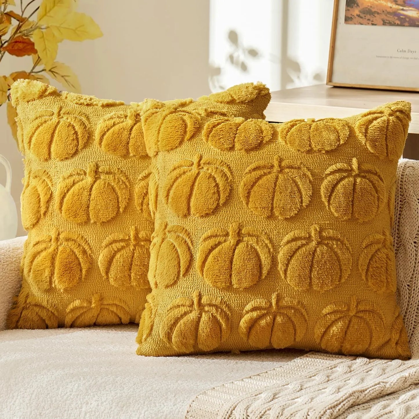 Fall Pumpkin Pillow Covers 45X45Cm Fall Decorations Autumn Yellow Throw Pillow Cases Soft Plush Faux Fur Wool Couch Cushion Case