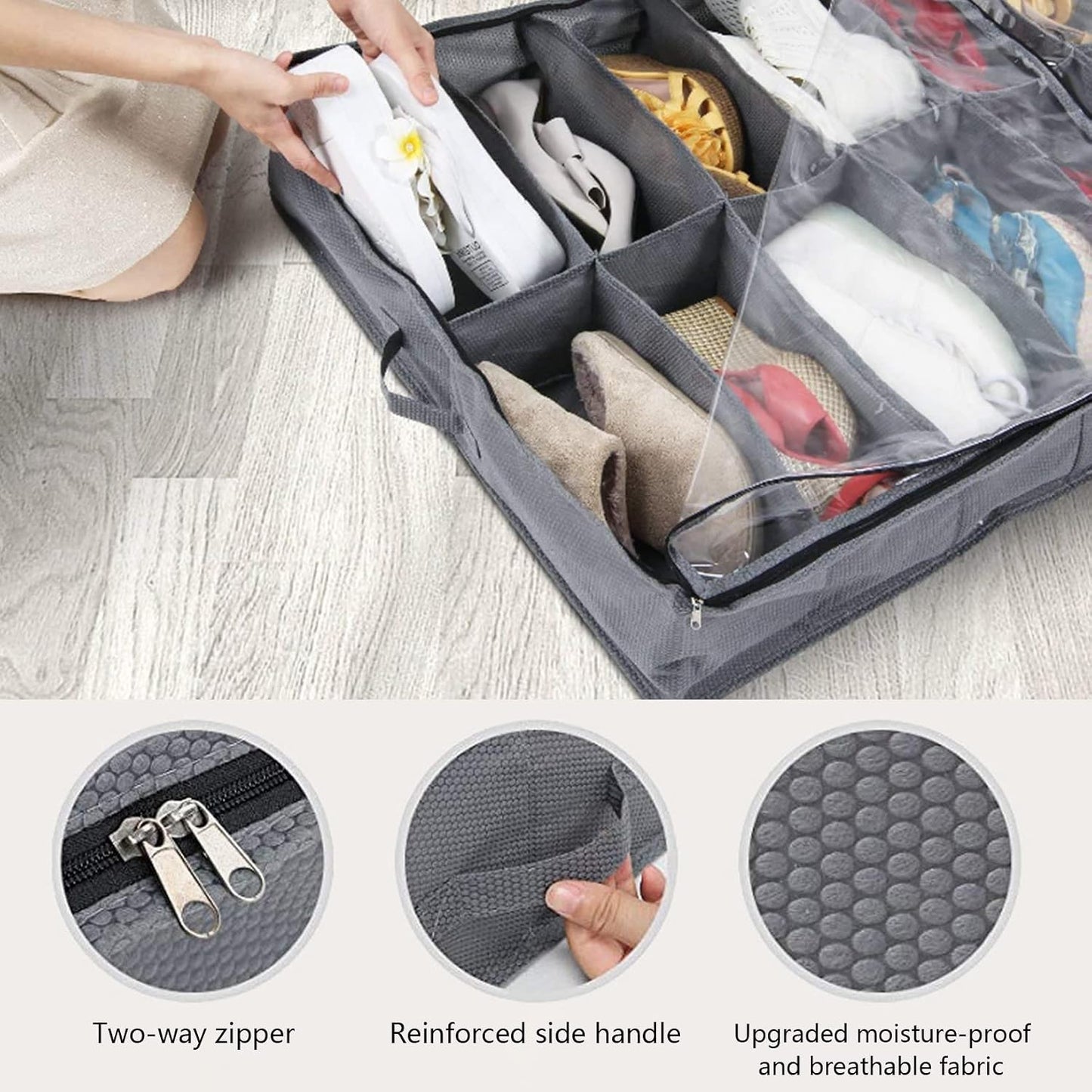 Under Bed Shoe Storage Organizer-Set of 2, under Bed Shoe Storage Box with Lid Fits 24 Pairs Total - Clear Foldable Underbed Storage Solution Gray