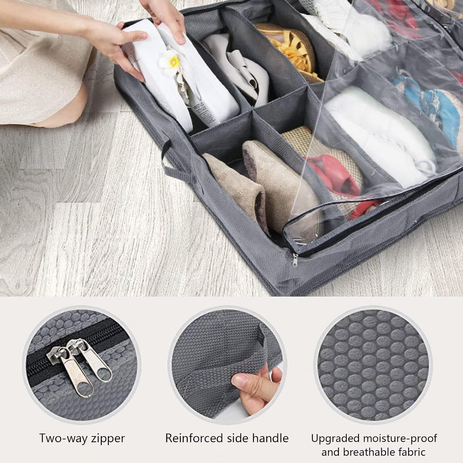 Under Bed Shoe Storage Organizer-Set of 2, under Bed Shoe Storage Box with Lid Fits 24 Pairs Total - Clear Foldable Underbed Storage Solution Gray