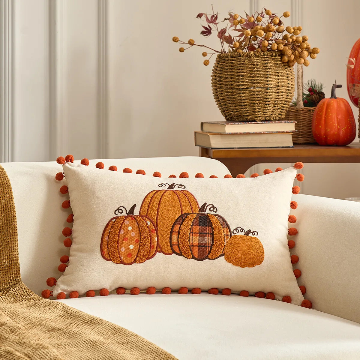 Pumpkin Tufted Velvet Throw Pillow Cover 30X50/45X45CM Autumn Cushion Cover Maple Leaves Decor Home Decorative Pillowcase