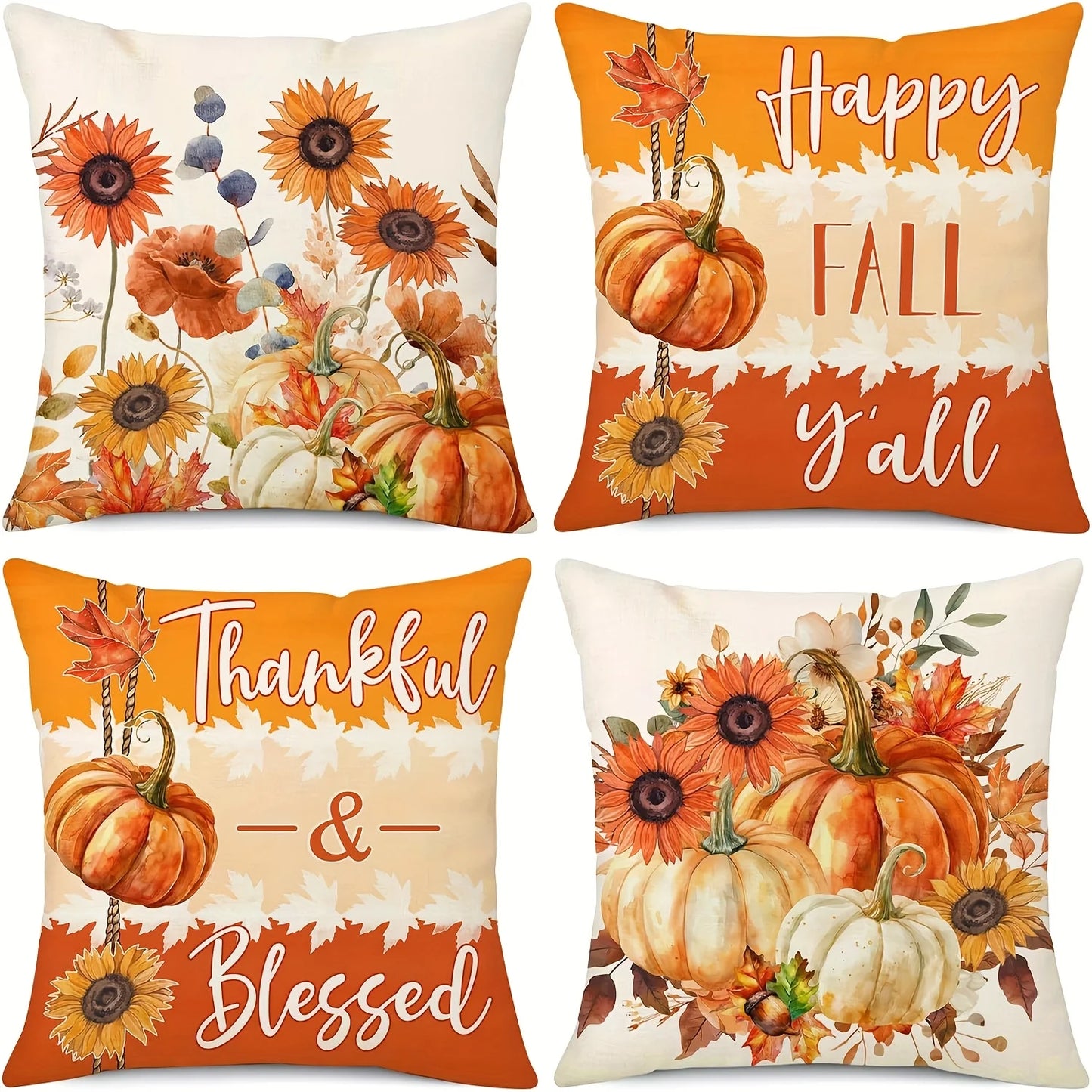 4Pcs Autumn Velvet Pillow Covers, Farmhouse Decor, Maple Leaf, Floral Pumpkin, Fall Decoration, Sofa Cushion Cover - Single-Side
