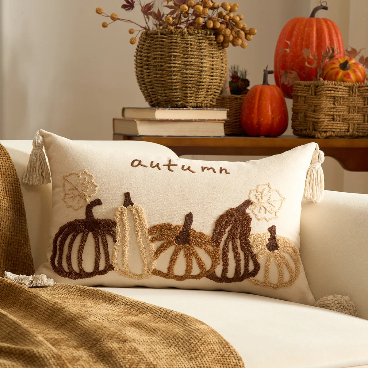 Pumpkin Tufted Velvet Throw Pillow Cover 30X50/45X45CM Autumn Cushion Cover Maple Leaves Decor Home Decorative Pillowcase