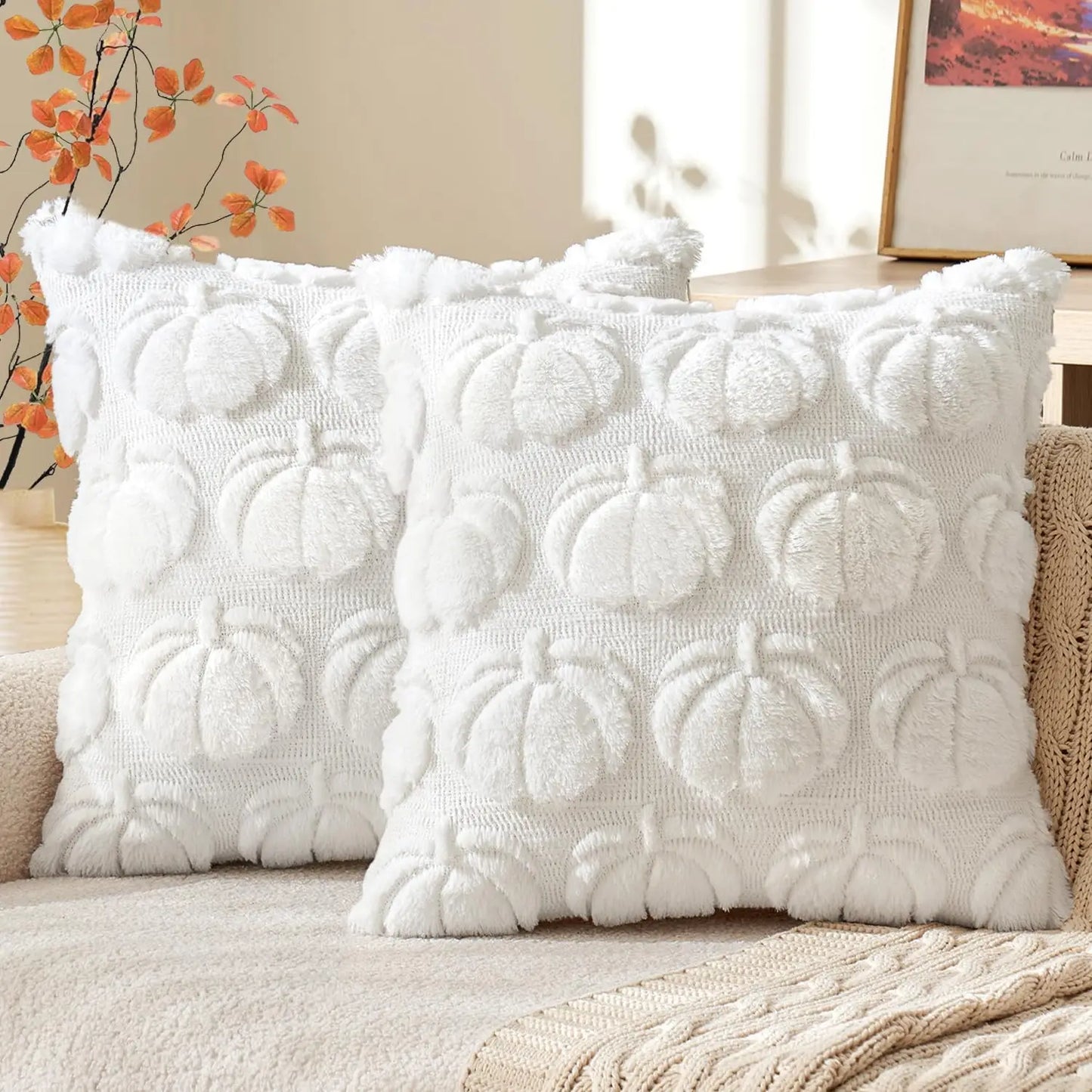 Fall Pumpkin Pillow Covers 45X45Cm Fall Decorations Autumn Yellow Throw Pillow Cases Soft Plush Faux Fur Wool Couch Cushion Case