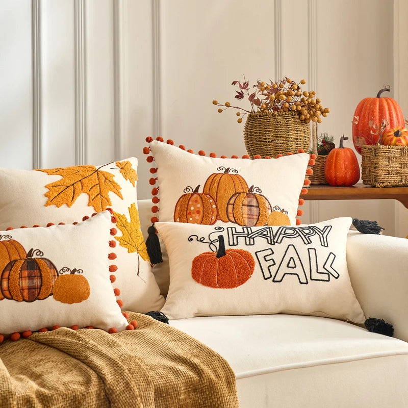 Pumpkin Tufted Velvet Throw Pillow Cover 30X50/45X45CM Autumn Cushion Cover Maple Leaves Decor Home Decorative Pillowcase