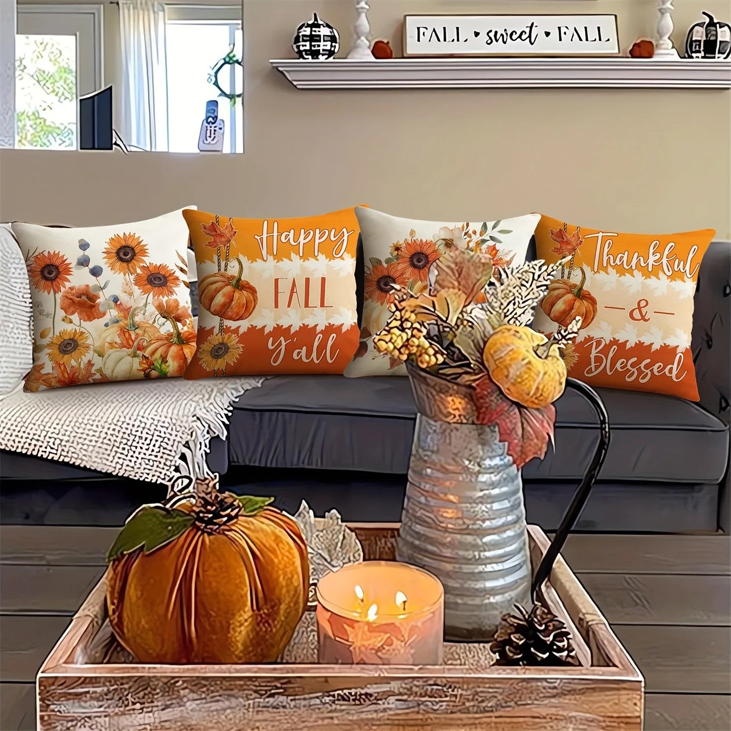 4Pcs Autumn Velvet Pillow Covers, Farmhouse Decor, Maple Leaf, Floral Pumpkin, Fall Decoration, Sofa Cushion Cover - Single-Side
