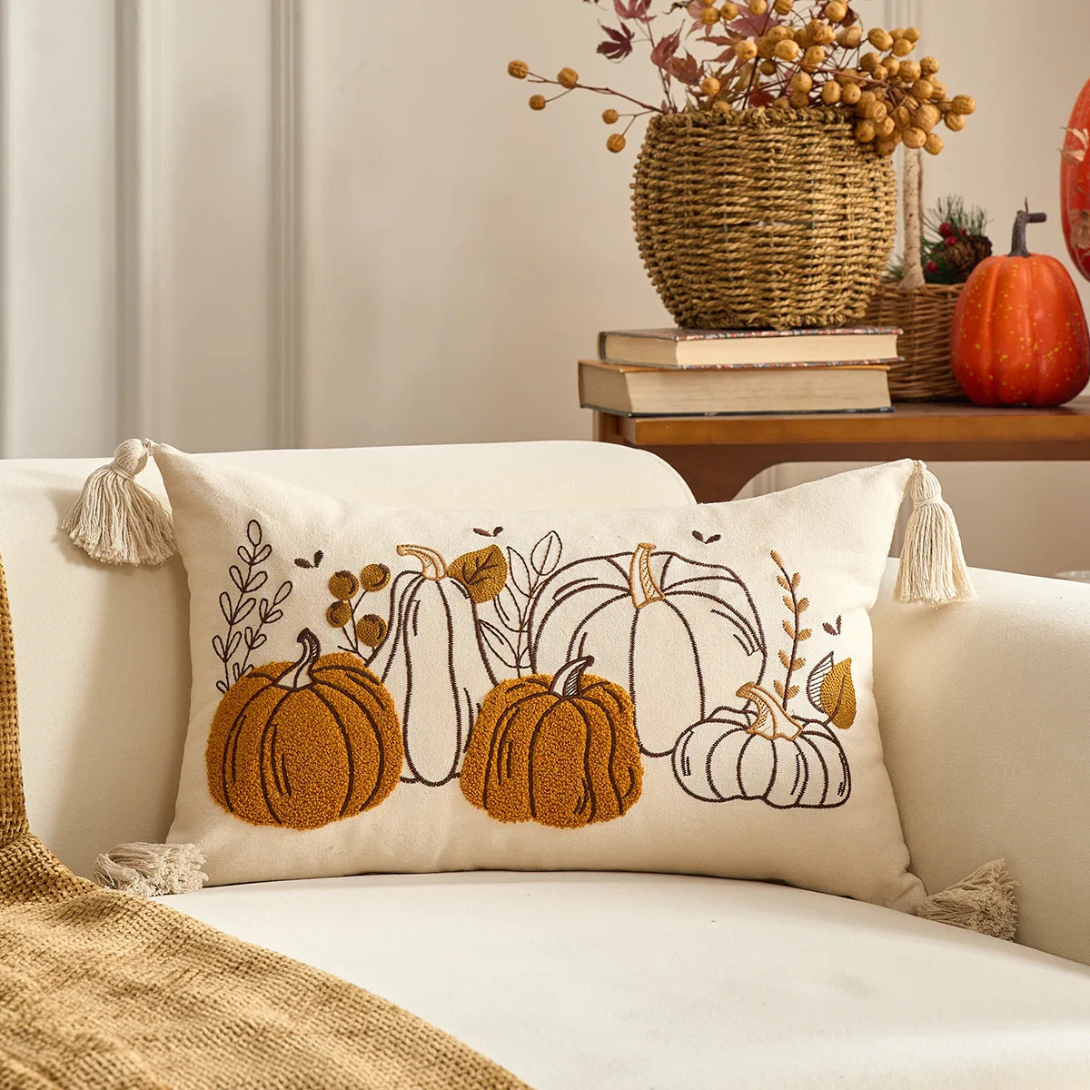 Pumpkin Tufted Velvet Throw Pillow Cover 30X50/45X45CM Autumn Cushion Cover Maple Leaves Decor Home Decorative Pillowcase