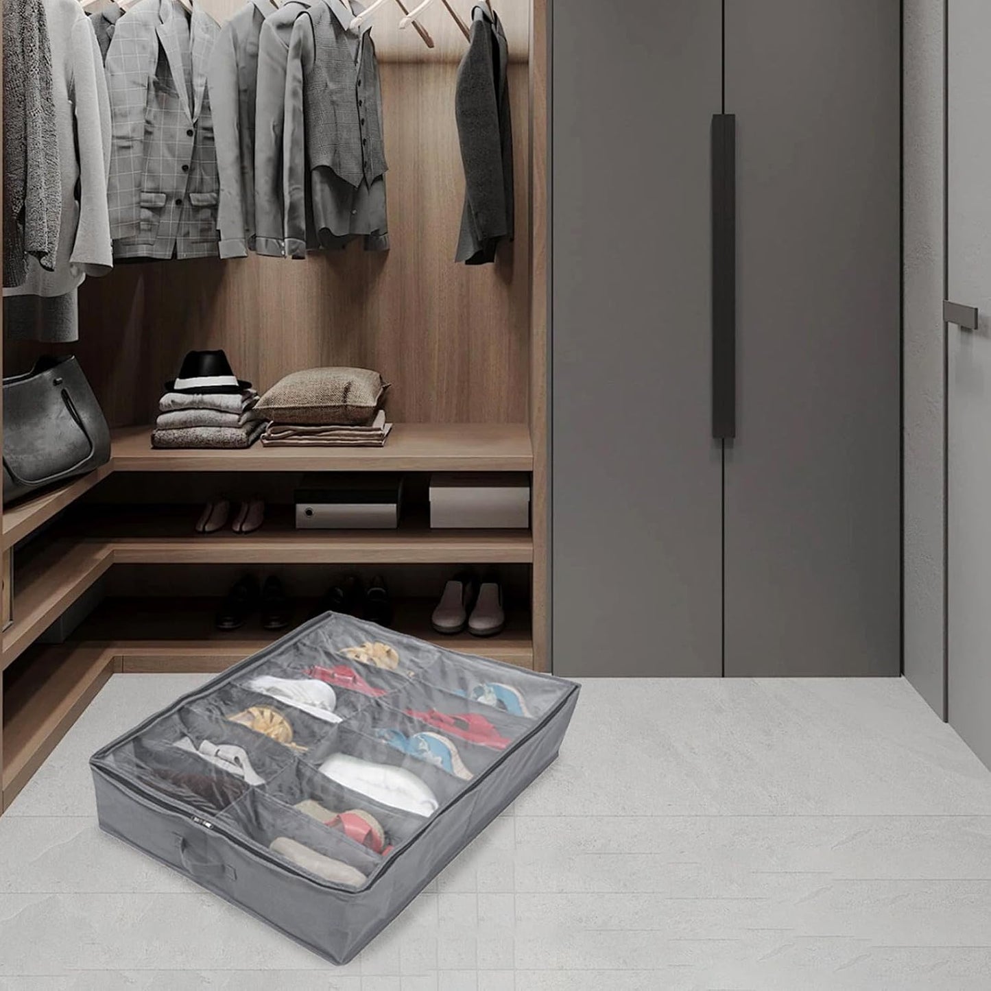 Under Bed Shoe Storage Organizer-Set of 2, under Bed Shoe Storage Box with Lid Fits 24 Pairs Total - Clear Foldable Underbed Storage Solution Gray