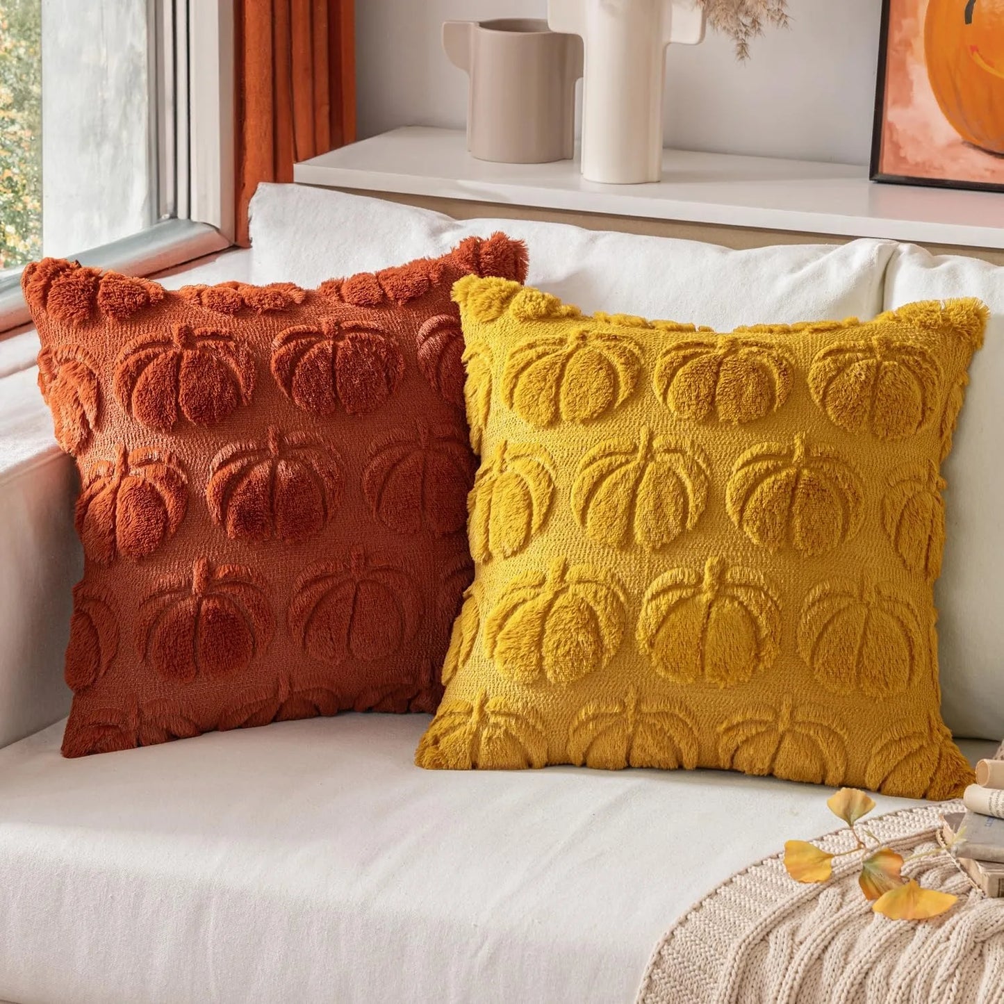 Fall Pumpkin Pillow Covers 45X45Cm Fall Decorations Autumn Yellow Throw Pillow Cases Soft Plush Faux Fur Wool Couch Cushion Case