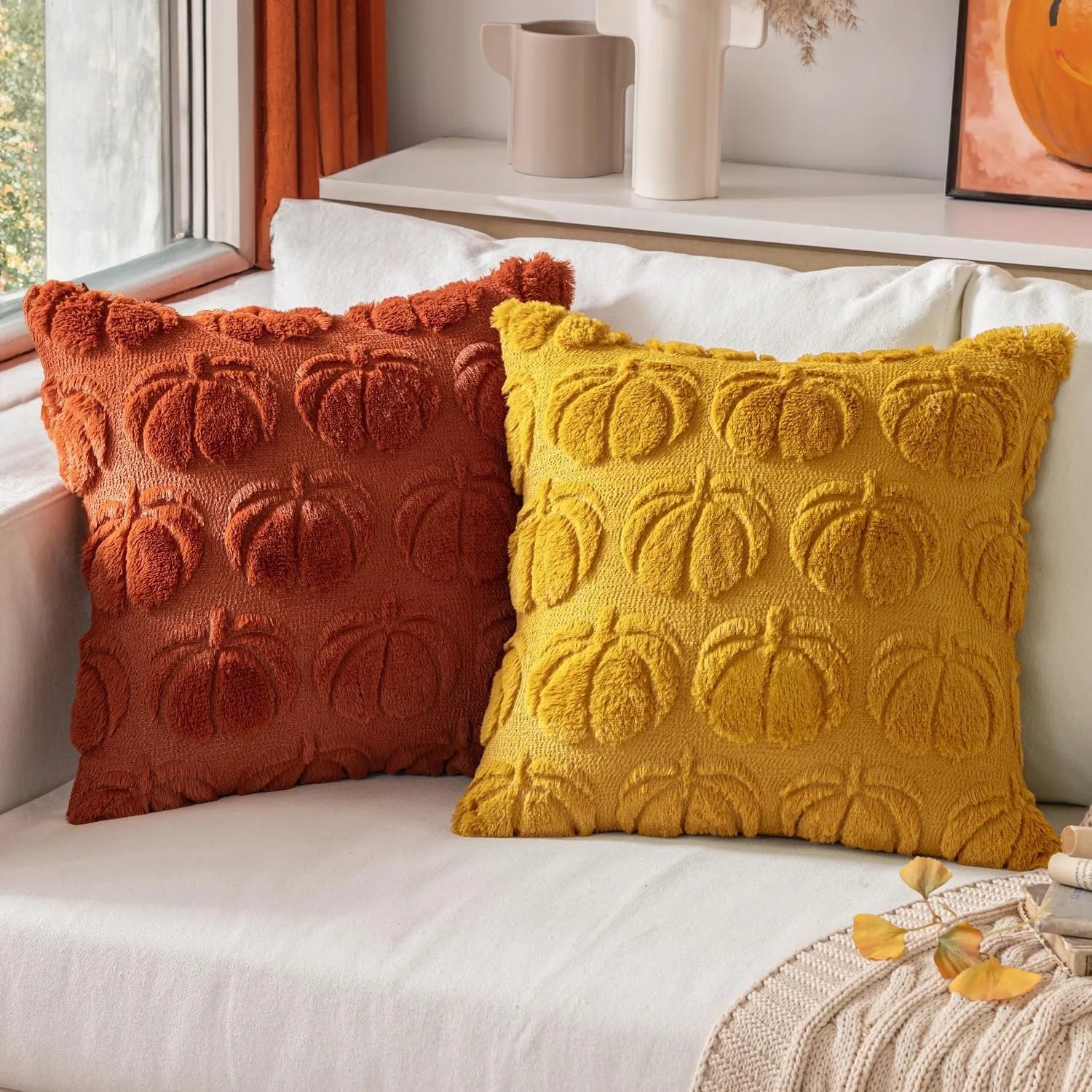 Fall Pumpkin Pillow Covers 45X45Cm Fall Decorations Autumn Yellow Throw Pillow Cases Soft Plush Faux Fur Wool Couch Cushion Case