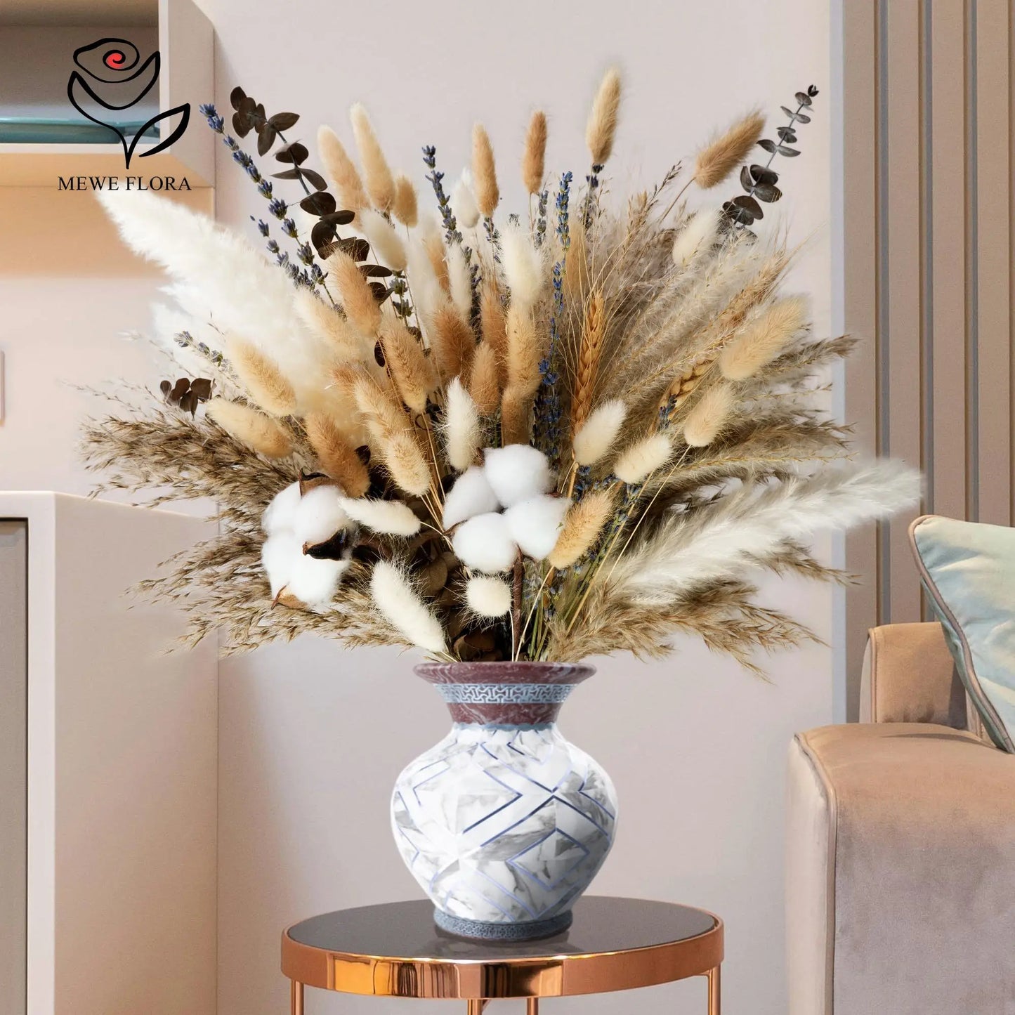 Natural Dried Flower Bouquet Pampas Grass Cotton Stems Bunny Tails Rustic Boho Home Decor Eucalyptus Lavender Wheat Wedding Gift