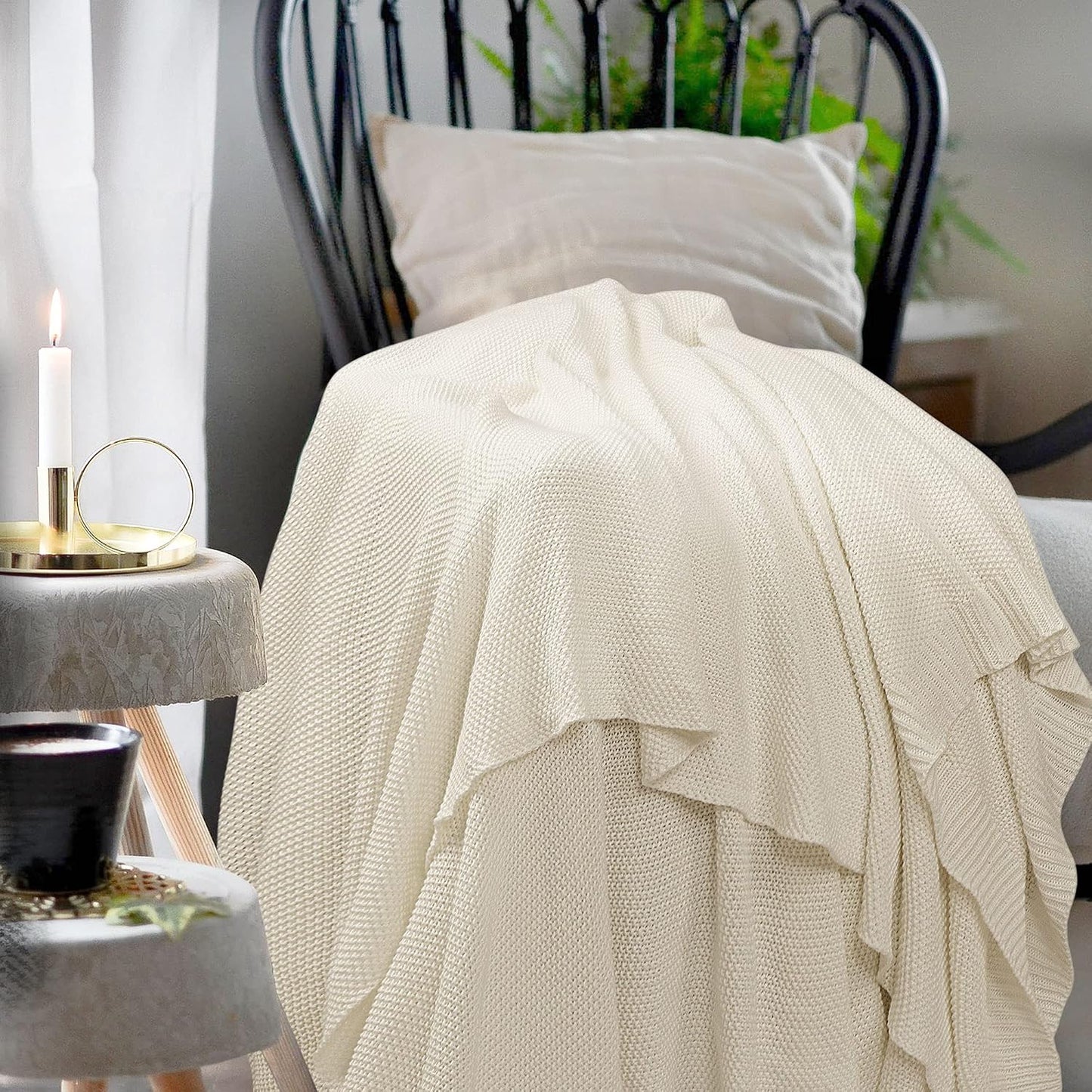 Cotton Knitted Throw Blanket - Beige 130X150Cm
