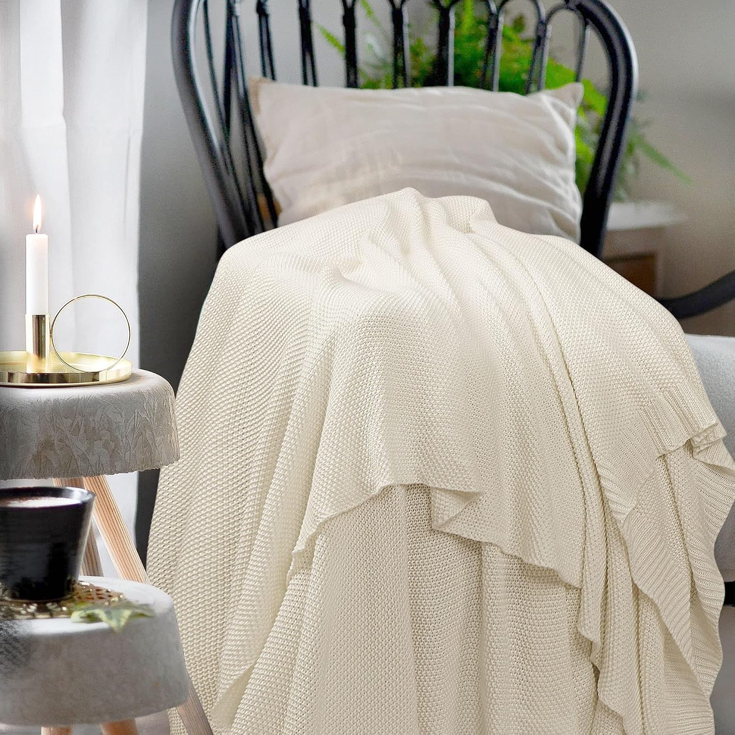 Cotton Knitted Throw Blanket - Beige 130X150Cm