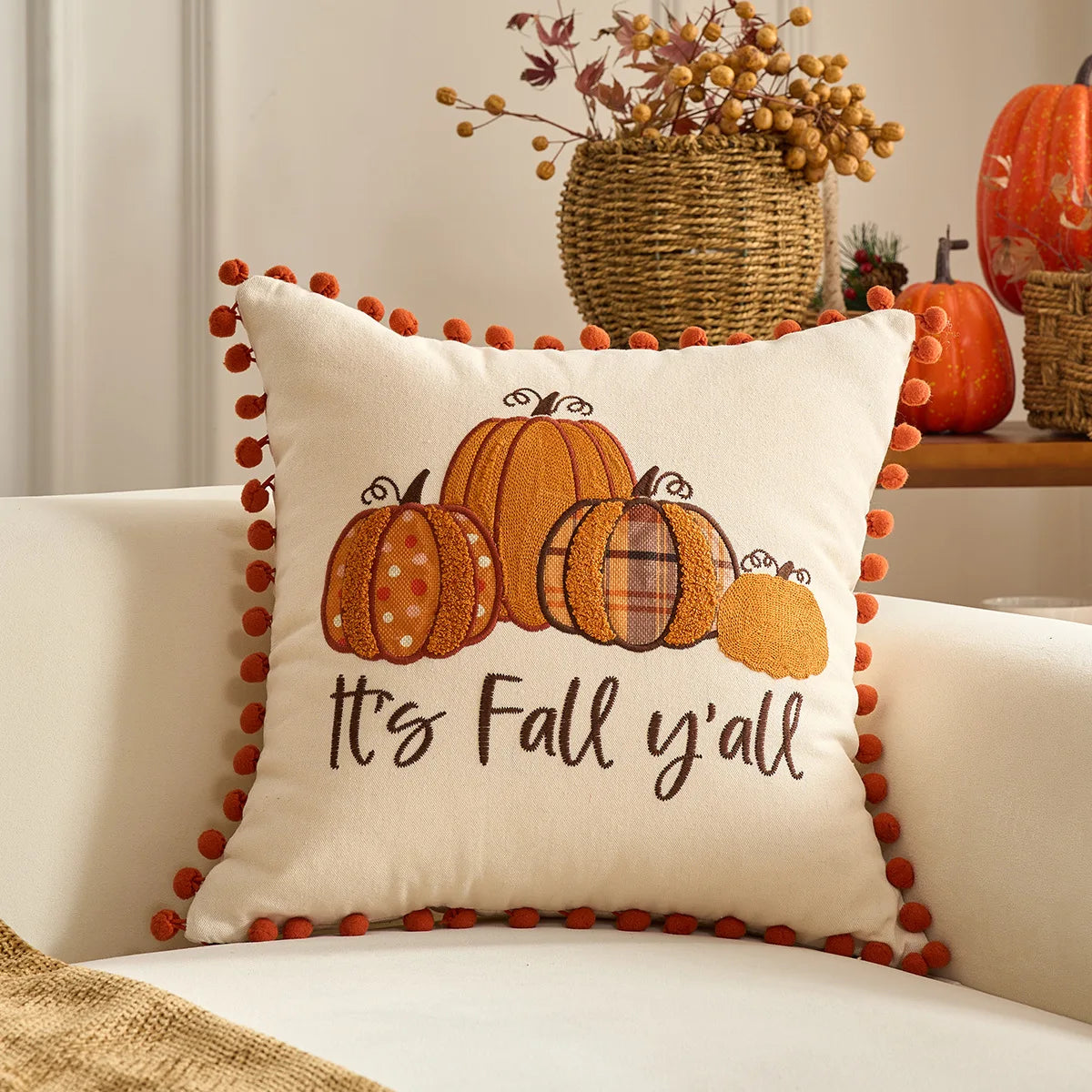 Pumpkin Tufted Velvet Throw Pillow Cover 30X50/45X45CM Autumn Cushion Cover Maple Leaves Decor Home Decorative Pillowcase