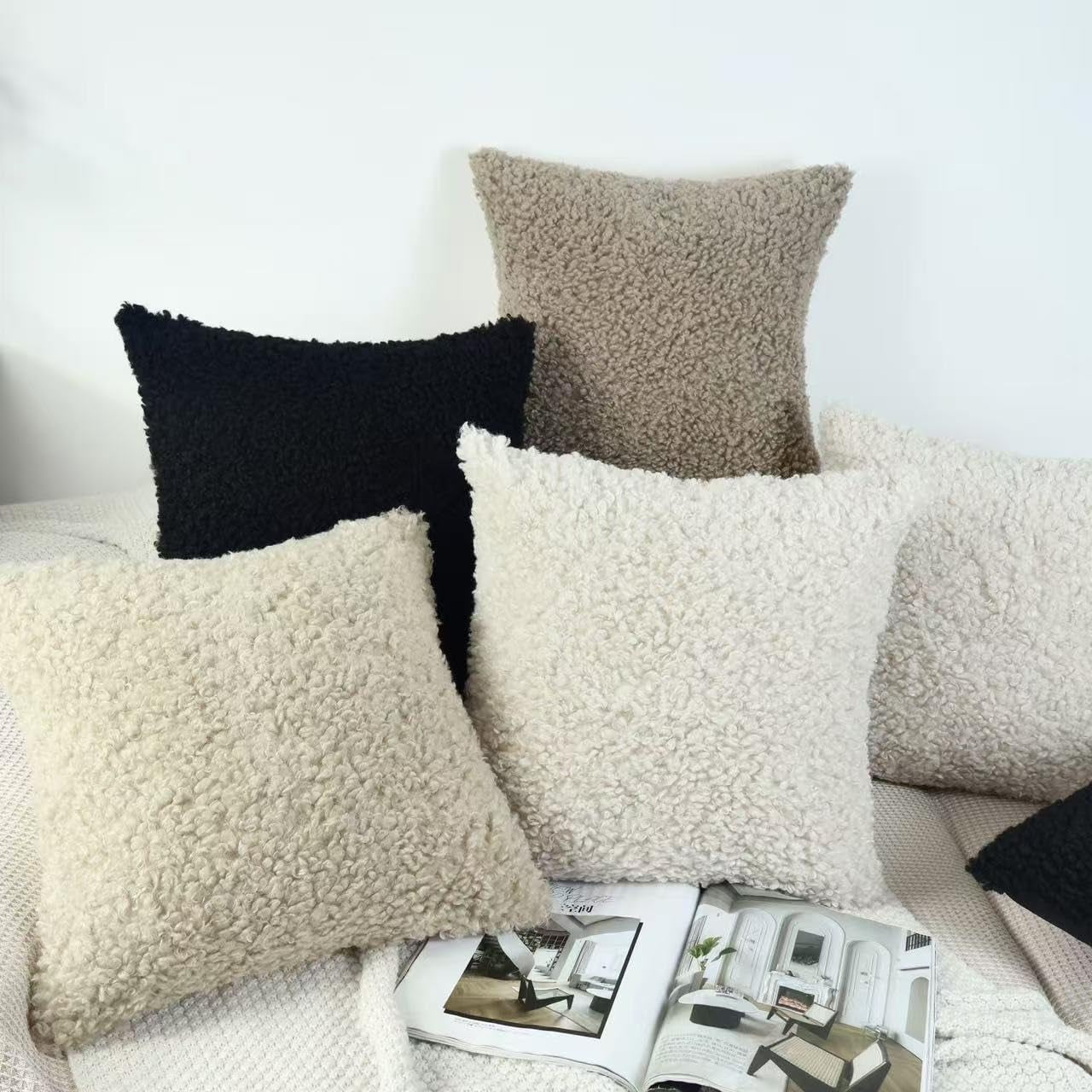 Soft Teddy Boucle Cushion Covers 40X40Cm Brown Set of 2 | Fluffy Throw Pillow Covers 16X16 Inches for Sofa Bed, Decorative Square Cushions Invisible Zipper