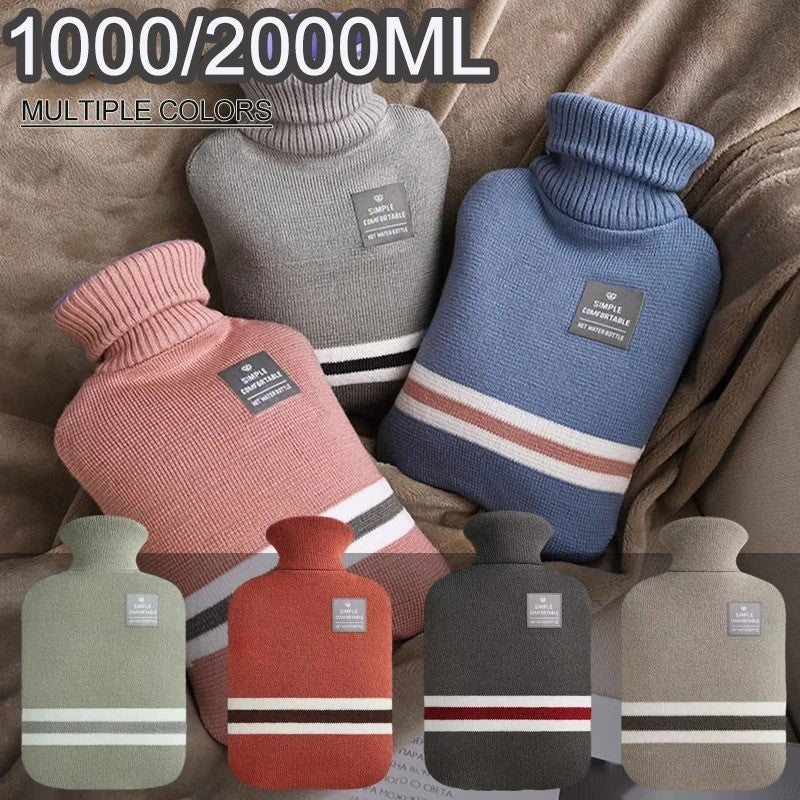 Hot Water Bottle with Soft Cosy Knitted or Faux Fur Cover in Assorted Colours 2L