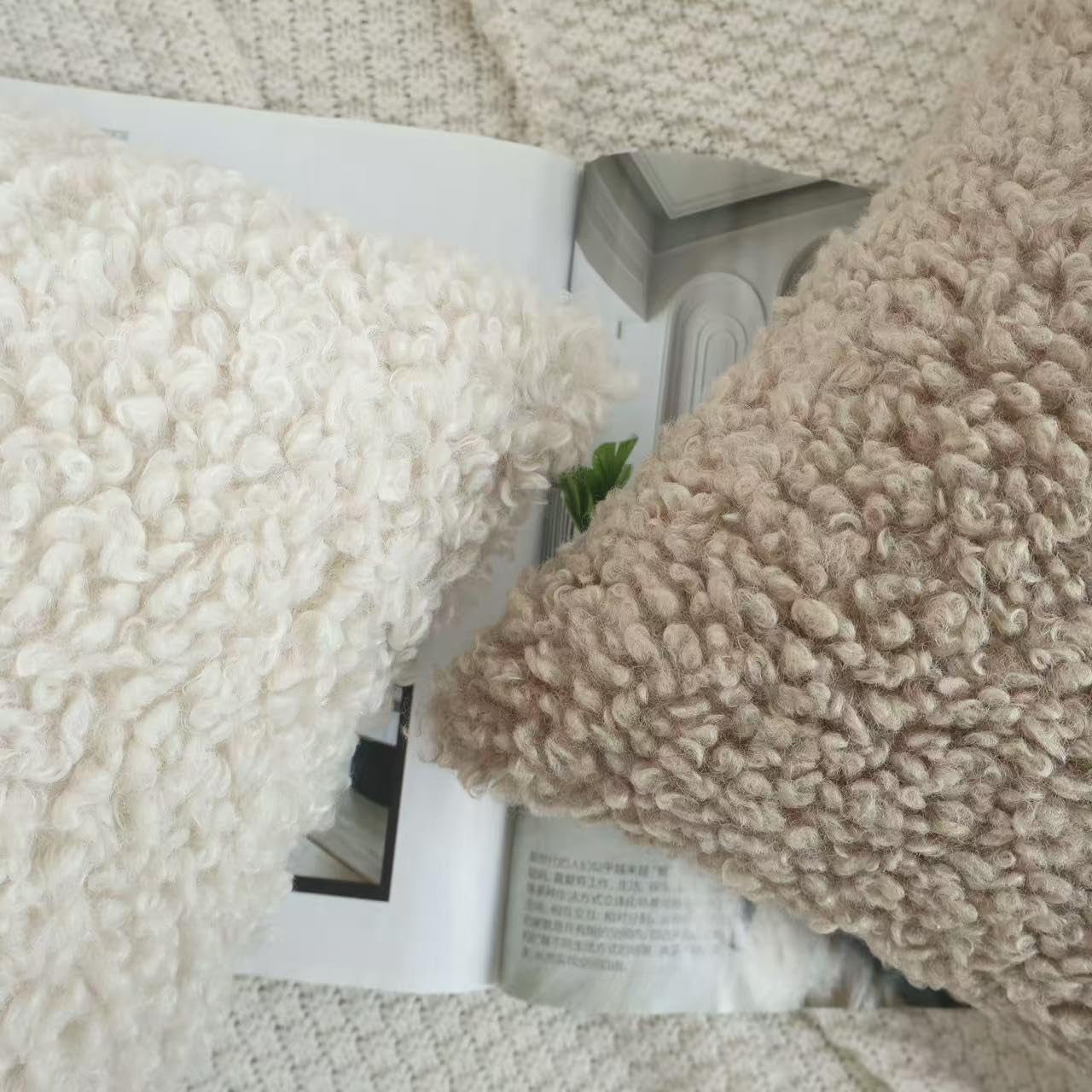 Soft Teddy Boucle Cushion Covers 40X40Cm Brown Set of 2 | Fluffy Throw Pillow Covers 16X16 Inches for Sofa Bed, Decorative Square Cushions Invisible Zipper